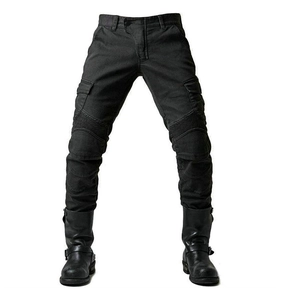 Detail of motorcycle cargo pants featuring reinforced knee pleats and tactical side pockets