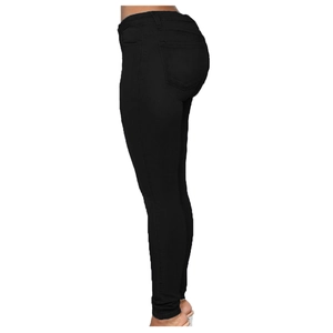 Close-up of high waisted black slim fit denim jeans showing butt lifting effect and pocket