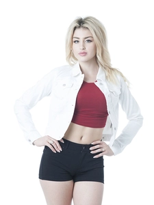 Detail view of a white cropped denim jacket with metal buttons and chest flap pockets