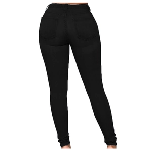 Rear view detail of high-waisted black slim fit denim jeans with two back pockets