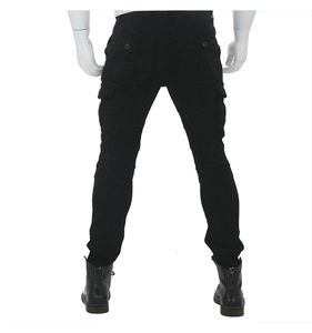 Detail view of men's black motorcycle cargo pants featuring rear flap pockets and knee stitching