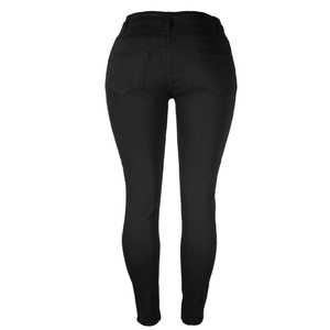 Rear view of slim fit high waist black denim jeans with dual back pockets on model
