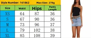 Größentabelle für figurbetonten Stretch-Jeansrock mit Maßen von Größe XS bis XL
