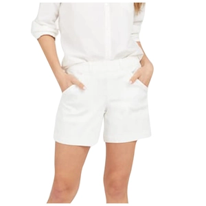 Detailed view of white high-waisted denim shorts featuring side pockets and belt loops