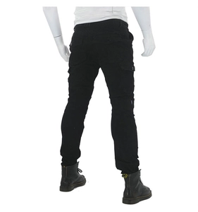 Back view of black motorcycle cargo pants with large pockets on a mannequin