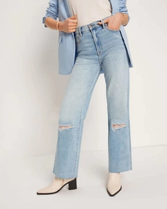 Detail of light blue straight leg jeans with knee rips and frayed hem edges