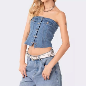 Damen Sexy Denim Schlauchoberteil Slim Fit Button Up Trägerloses Crop Top Gewaschen Blau Retro Streetwear Y2K Mode Weste