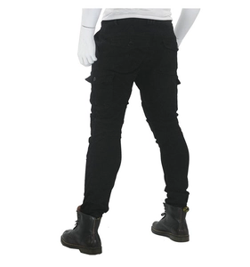 Slim fit black motorcycle cargo pants with large flap pockets shown on a back view mannequin