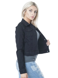 Slim fit black denim short jacket with lapel collar and metal buttons for women