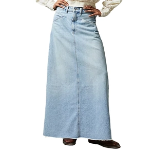 Detail of light blue high waist denim maxi skirt with raw hem and zip fly closure