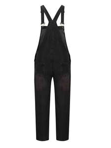 Vue arrière d'une salopette en jean noir pour homme avec poches et texture délavée