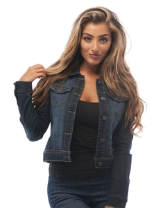 Slim fit women's dark blue denim jacket with metal buttons and classic chest pockets