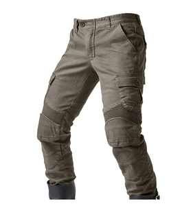 Detail of cargo pants showing reinforced knee protection and side tactical pockets
