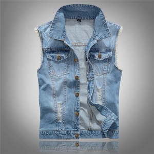 Gilet en Jean Décontracté pour Homme Bleu Clair Déchiré Veste Sans Manches Avec Boutons en Forme de Cœur Grandes Tailles Mode Gilet Denim Homme