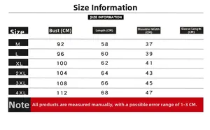 Detailed size chart for men's denim vest featuring chest, length, and shoulder dimensions