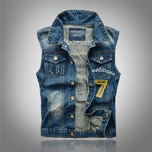 Gilet Denim da Uomo Fashion Slim Fit Ricamato Giacca di Jeans Senza Maniche Gilet Lavato Retrò Con Tasche Top Streetwear
