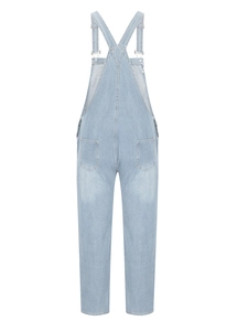 Vue arrière d'une salopette en jean bleu clair avec bretelles réglables et poches dos