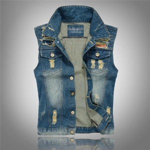 Men Distressed Denim Vest Ripped Sleeveless Jean Jacket Vintage Casual Washed Cotton Waistcoat Sleeveless Outerwear For Men