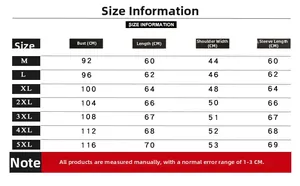 Detailed size chart for men's denim jacket including bust, length, and sleeve measurements