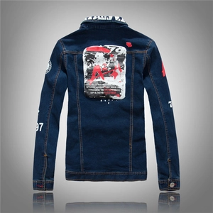 Slim fit dark blue denim jacket for men featuring white and red abstract graphic back print