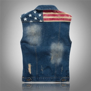 Gilet en jean bleu pour homme avec drapeau américain au dos et détails délavés
