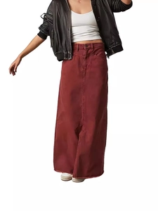 High-waisted dark red denim long skirt with A-line silhouette and frayed hemline detail