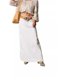 Bohemian style white straight denim maxi skirt with raw hem and vintage leather belt