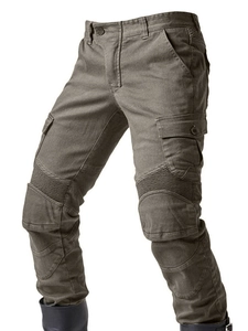 Men's protective motorcycle cargo pants in olive brown with accordion stretch knee panels