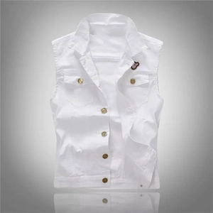 Gilet di Jeans Bianco Casual da Uomo Vestibilità Slim Giacca Senza Maniche Streetwear di Moda Cotone Capispalla Con Tasche Bottoni Retro