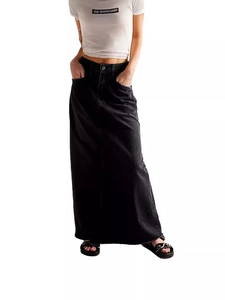 Women's casual high-waisted black denim long skirt with straight loose fit and side pockets