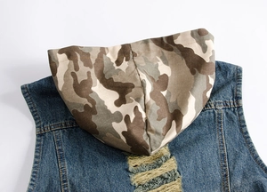 Slim fit denim vest with distressed ripped back details and a camouflage print hood