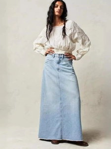 Bohemian white embroidered puff sleeve top and high waist distressed denim maxi skirt
