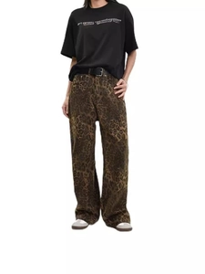 Jeans Femme Rétro Américain Imprimé Léopard Jambe Droite Taille Haute Pantalons Denim Larges Streetwear Décontracté