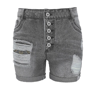 Graue Denim-Shorts im Distressed-Look mit Mehrknopfleiste und Riss-Details vorne