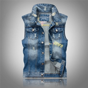 Men's Ripped Denim Vest Slim Fit Distressed Washed Blue Sleeveless Jacket Graphic Embroidery Casual Streetwear Waistcoat
