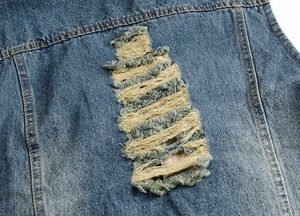 Men's blue slim fit hooded denim vest with vintage distressed ripped hole details