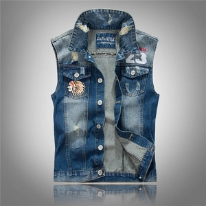Men's Casual Denim Vest Distressed Ripped Jeans Gilet Retro Sleeveless Jacket With Embroidery Number 23 Indian Head Patch For Men