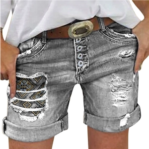 Schmale graue Washed-Denim-Shorts mit hoher Taille, Distressed-Details und Aufschlag am Saum