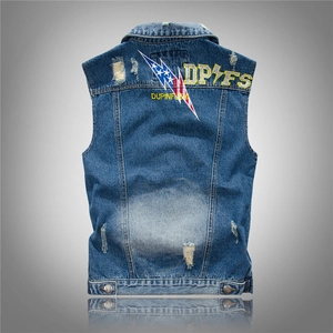 Slim fit denim vest for men with yellow embroidery and ripped details in dark blue wash
