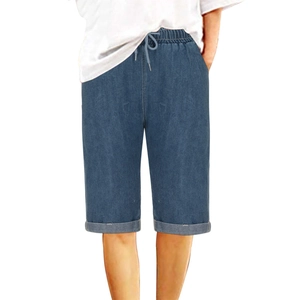 Women casual loose straight leg denim bermuda shorts with drawstring and rolled hem