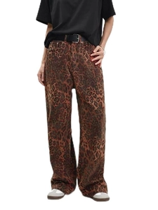 Pantalon en jean vintage à imprimé léopard pour femme avec ceinture et taille haute