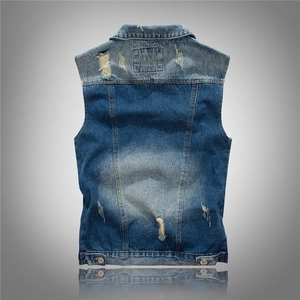 Distressed blue denim vest for men with stylish back rip design and adjustable hem