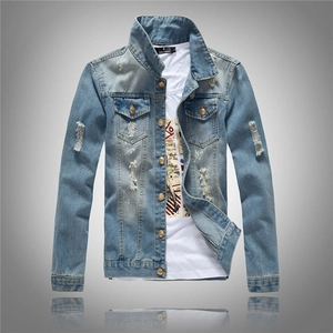 Men Slim Fit Washed Denim Jacket Light Blue Distressed Ripped Cotton Outerwear With Anchor Metal Buttons Casual Fashion Jean Top