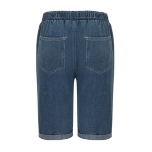 Relaxed fit dark blue denim bermuda shorts with elastic high waist and cuffed hems