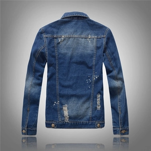 Distressed dark blue denim jacket for men featuring white paint splashes and back view