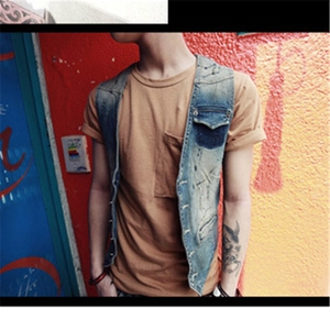 Slim fit denim vest for men with paint splatter design and washed vintage finish
