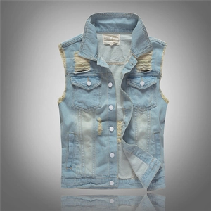 Men's Distressed Denim Vest Light Blue Slim Fit Ripped Frayed Jean Waistcoat Streetwear Casual Sleeveless Jacket