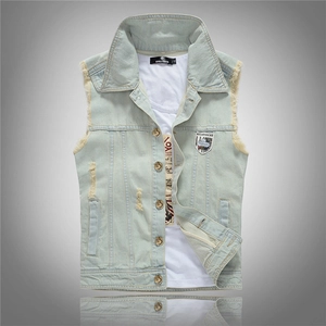 Men's Casual Light Blue Denim Vest Slim Fit Washed Distressed Ripped Sleeveless Jacket With Patches Fashion Streetwear Top
