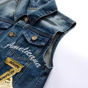 Gilet in denim blu slim fit con ricamo Americana e lavaggio stile vintage retrò