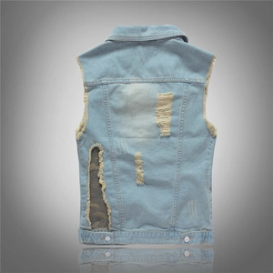 Slim fit light blue denim vest for men featuring distressed back with ripped hole details
